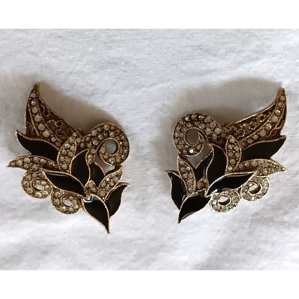 Vtg Earrings Deco Style Black Enamel Rhinestones Clip Art Deco Style